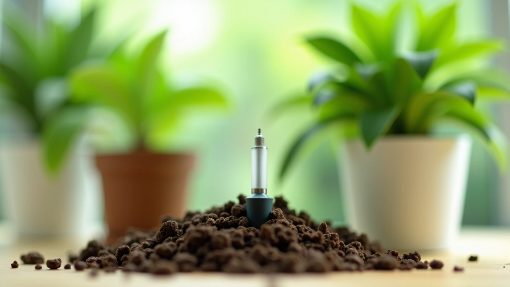 Modern moisture meter with digital display inserted into potting soil next to a healthy potted plant on a light colored surface
