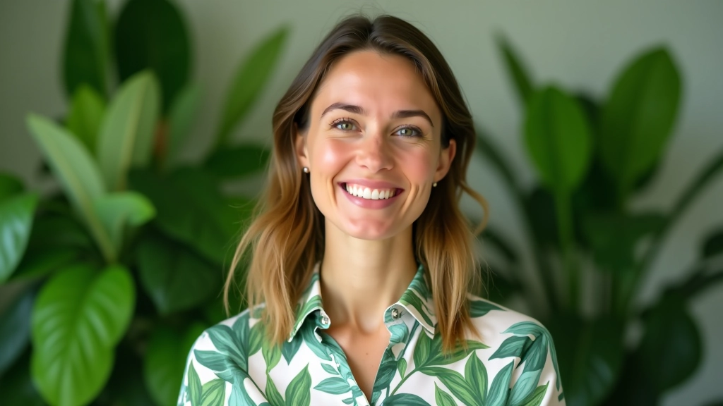 Sarah Chen, plant specialist, portrait from chest up, warm smile, indoor plant background